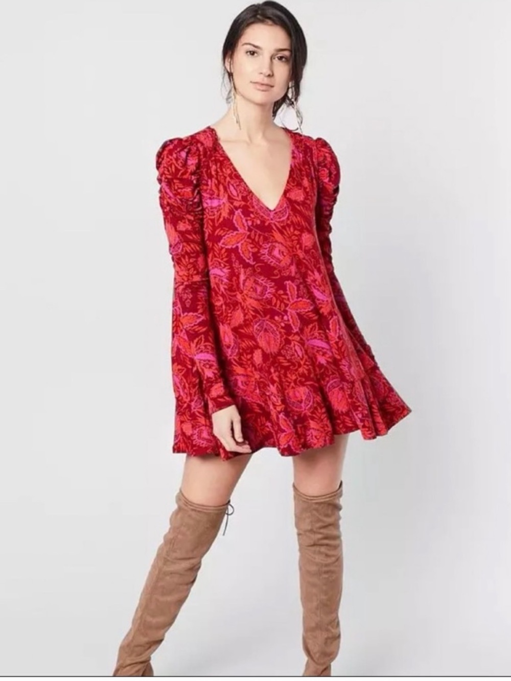 Free People Red and Pink Floral Mini Dress